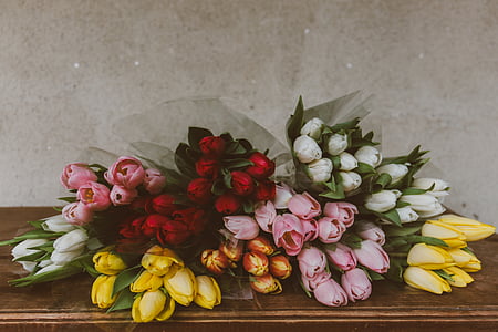 assorted-color tulip flowers bouquets on brown wooden surface thumbnail