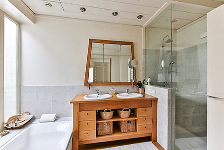 brown wooden bathroom rack and sink thumbnail