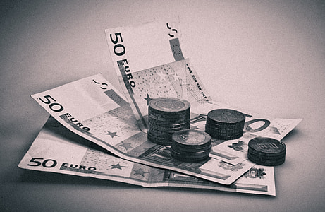 grayscale photography of several Euro banknotes and coins thumbnail