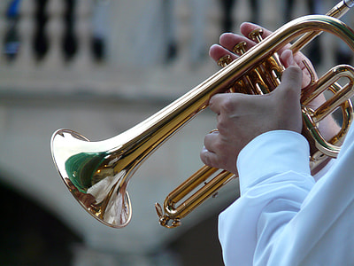 person in dress shirt holding wind instrument macro shot thumbnail