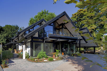 black and white painted house near green leafed trees under blue sky thumbnail