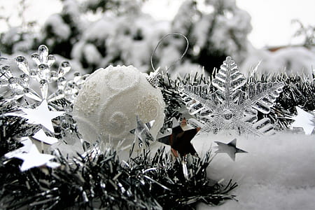 greyscale photo of Christmas bauble and clear snowflake decors thumbnail