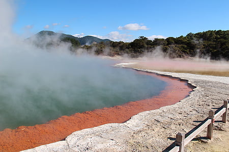 hot spring near mountain range under calming sky thumbnail