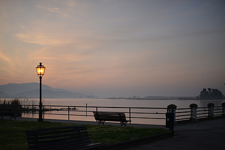 bench near light post and body of water thumbnail