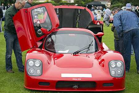 men looking at red sports coupe parked on green grass during daytime thumbnail