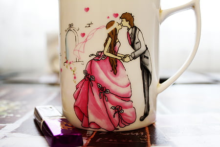 selective focus photography of white, pink, and black groom and bride-printed ceramic mug thumbnail