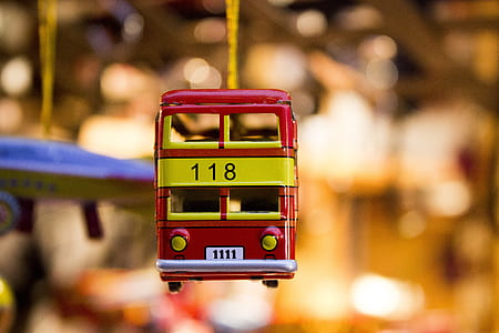 red and yellow die-cast Double Decker Bus Christmas ornament hanging thumbnail