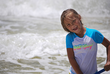 smiling girl in white and blue shirt standing beside body of water thumbnail