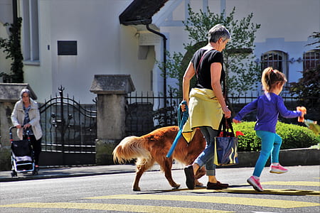 person holding girl while walking on pedestrian lane thumbnail