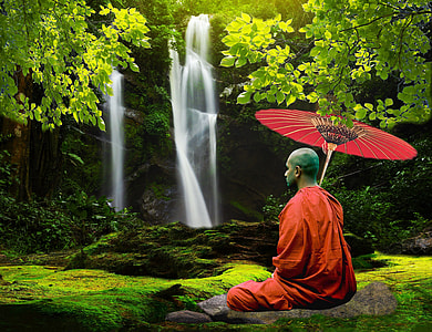 man in orange overall sitting on floor holding oil paper umbrella thumbnail