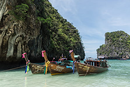 three brown wooden boats dock on shoreline thumbnail