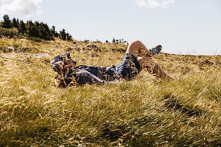 Happy man lying on green grass meadow in mountains enjoying the sun thumbnail