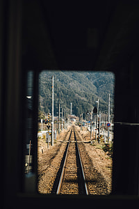 rail road between gray electric posts thumbnail