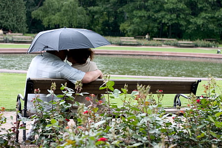 kissing couple sitting on bench while holding umbrella thumbnail