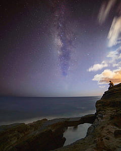 man sitting on rock cliff photo thumbnail