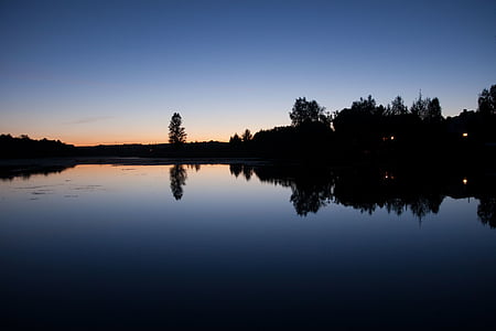 silhouette of trees beside body of water thumbnail