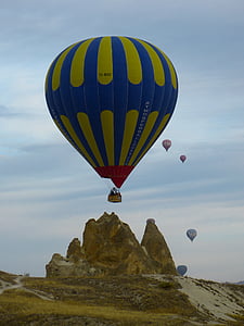 blue and green hot air balloon floating in the air thumbnail
