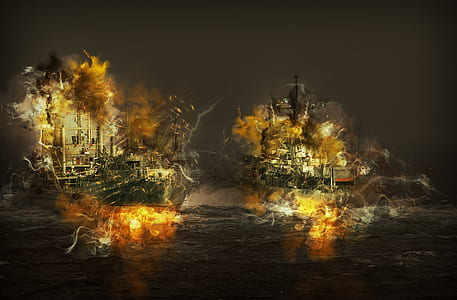 two brown battle ships digital wallpaper thumbnail