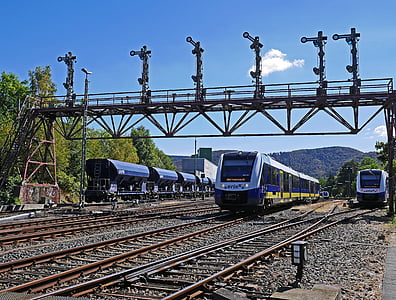 blue trains on railway at daytime thumbnail