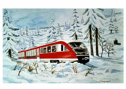 red and white train on snow-covered road thumbnail
