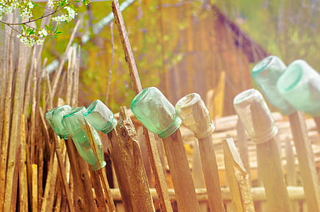 clear and green glass jars in brown wooden fences thumbnail