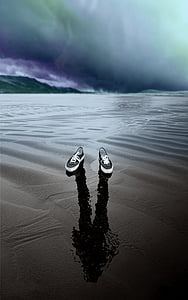 pair of black-and-white sneakers floating on body of water thumbnail