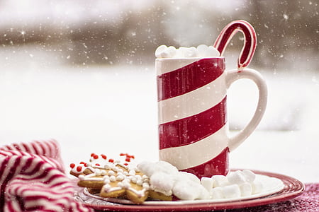 white and red striped mug and marshmallows on plate thumbnail