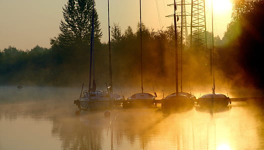 four sailboats on calm body of water during golden hour thumbnail