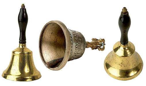 three black handled gold-colored hand bells thumbnail