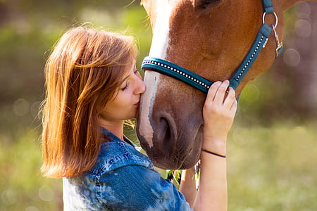 selective focus photography of woman kissing the horse thumbnail