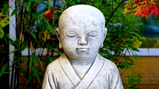 Buddha statuette in front of red petaled flowers thumbnail