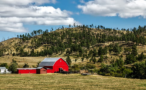 red and grey wooden barn near green leaf trees and mountains thumbnail