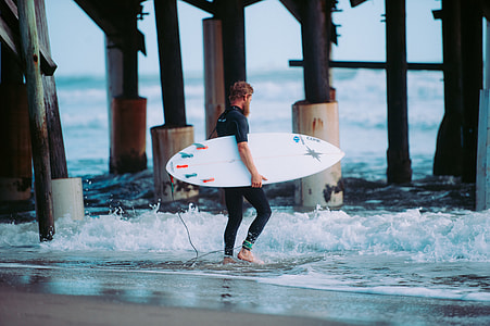 man holding surfboard standing infront of wave thumbnail