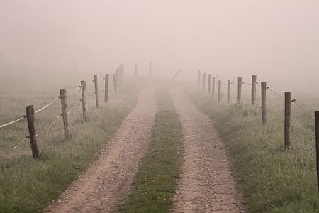 landscape photo of dirt road with brown wood posts by the road under foggy sky thumbnail
