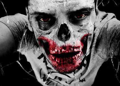 selective color photography of man with bloody skeleton face art thumbnail