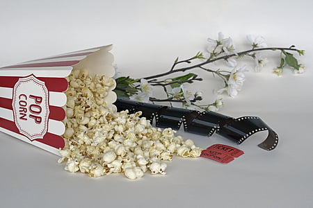 spilled popcorn beside photo negative film and white petaled flower thumbnail