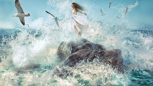 flock of gulls flying over woman on rock near body of water thumbnail