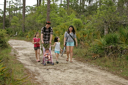 man and woman with three children walking on steet thumbnail