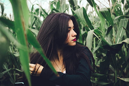 woman in black jacket in corn field during daytime thumbnail
