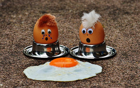 two brown poultry eggs on gray egg stand facing sunny side-up fried egg thumbnail
