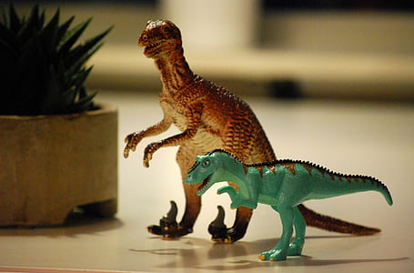 shallow focus photography of two dinosaur toys thumbnail