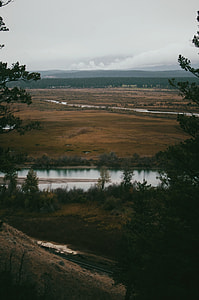 river between green bush across mountain during daytime thumbnail