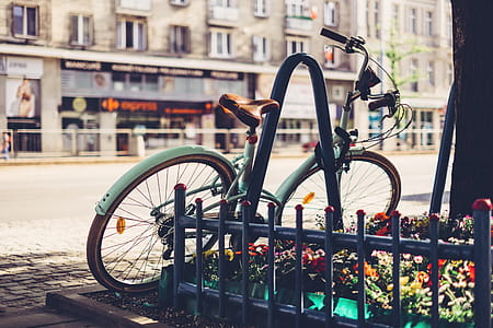 Photo of Teal Bicycle Locked on Black Metal Arch Near Tree thumbnail