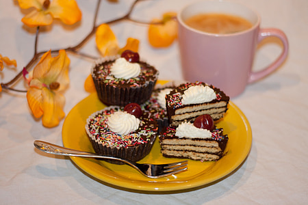 cupcake served on yellow plate with fork thumbnail