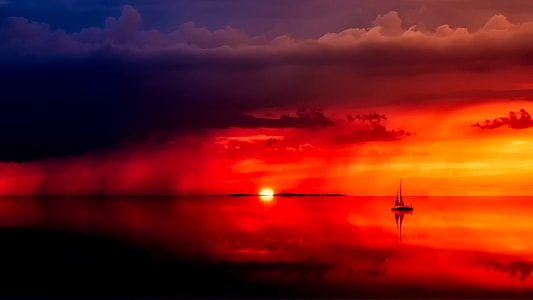 silhouette photo of black sailing boat on top of sea during cloudy sunset thumbnail