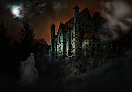 white and red haunted mansion digital wallpaper thumbnail