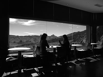 black-and-white, restaurant, mountains, people thumbnail
