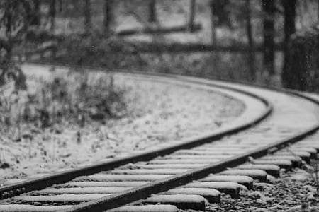 grayscale photography of train rails thumbnail
