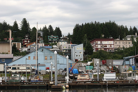  View of the Cordova hillside from the boat harbor in Alaska thumbnail