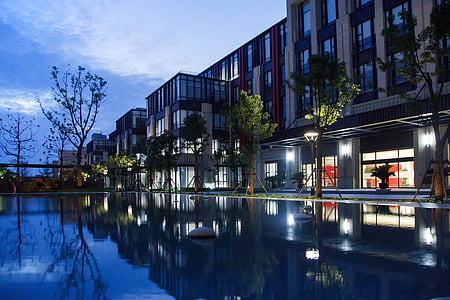 blue calm body of water near trees and high rise buildings thumbnail